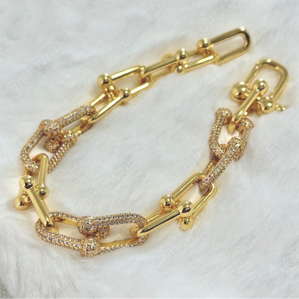 14K Gold Plated Cubic Zirconia Graduated Link Chain U Link Bracelet - Picture 5 of 7
